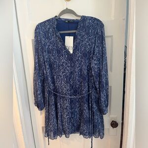 Never Worn Zara Dress with tags. Balloon Sleeves, Paisley, Blue, Braided belt.